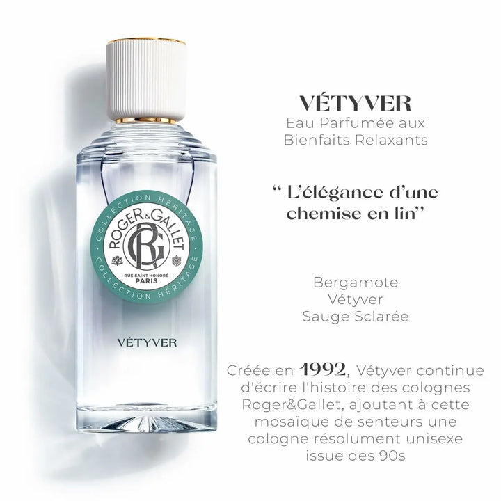 VÉTYVER - Collection HÉRITAGE • ROGER & GALLET • 100 ml • Eau parfumée bienfaisante à l'huile essentielle de vétyver, vaporisateur/spray  Scentia : Parfums et fragrances