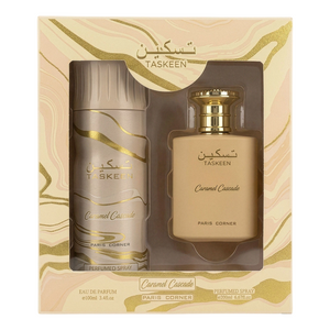 Set Paris Corner: Taskeen Caramel Cascade, Eau De Parfum, Unisex, 100 ml + Taskeen Caramel Cascade, Deodorant Spray, Unisex, 200 ml  SCENTIA